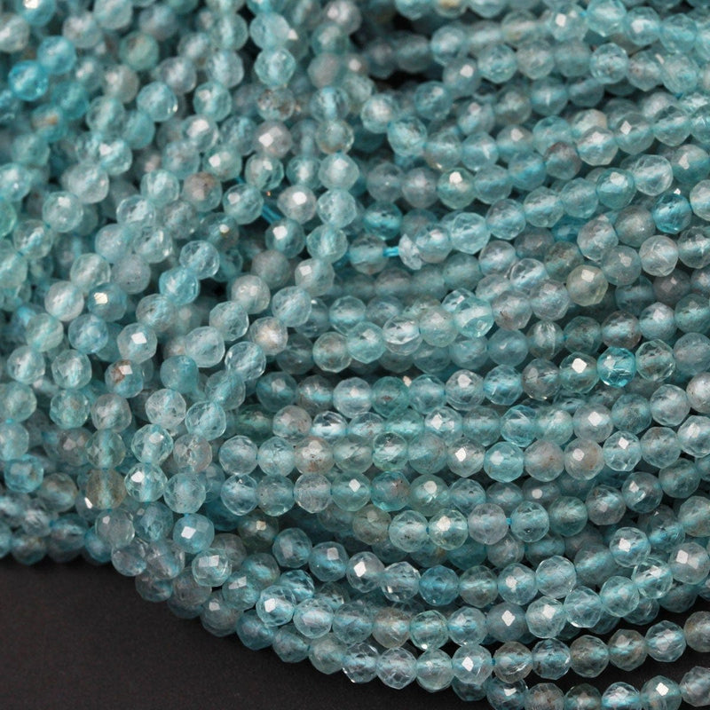 Natural Apatite Beads Faceted Round Beads 3mm Small Micro Faceted Round Beads Translucent Teal Blue Gemstone Micro Cut 16" Strand