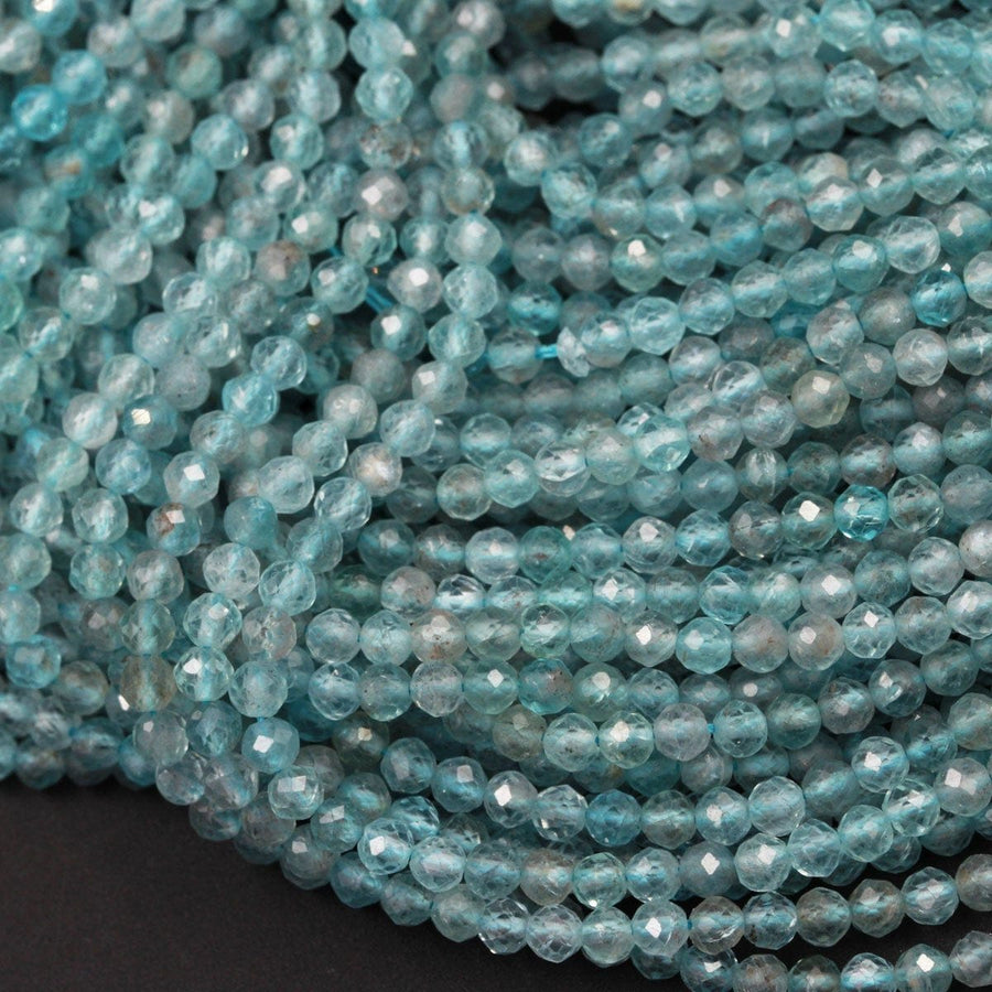Natural Apatite Beads Faceted Round Beads 3mm Small Micro Faceted Round Beads Translucent Teal Blue Gemstone Micro Cut 16" Strand