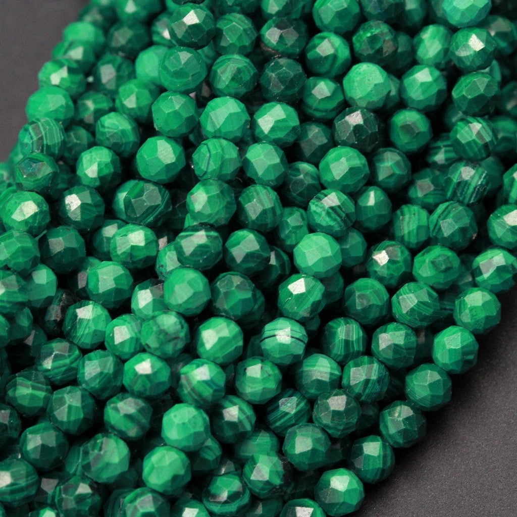 Micro Faceted Small Real Genuine Natural Green Malachite Round Beads 4mm Faceted Round Beads Laser Diamond Cut Gemstone 16" Strand