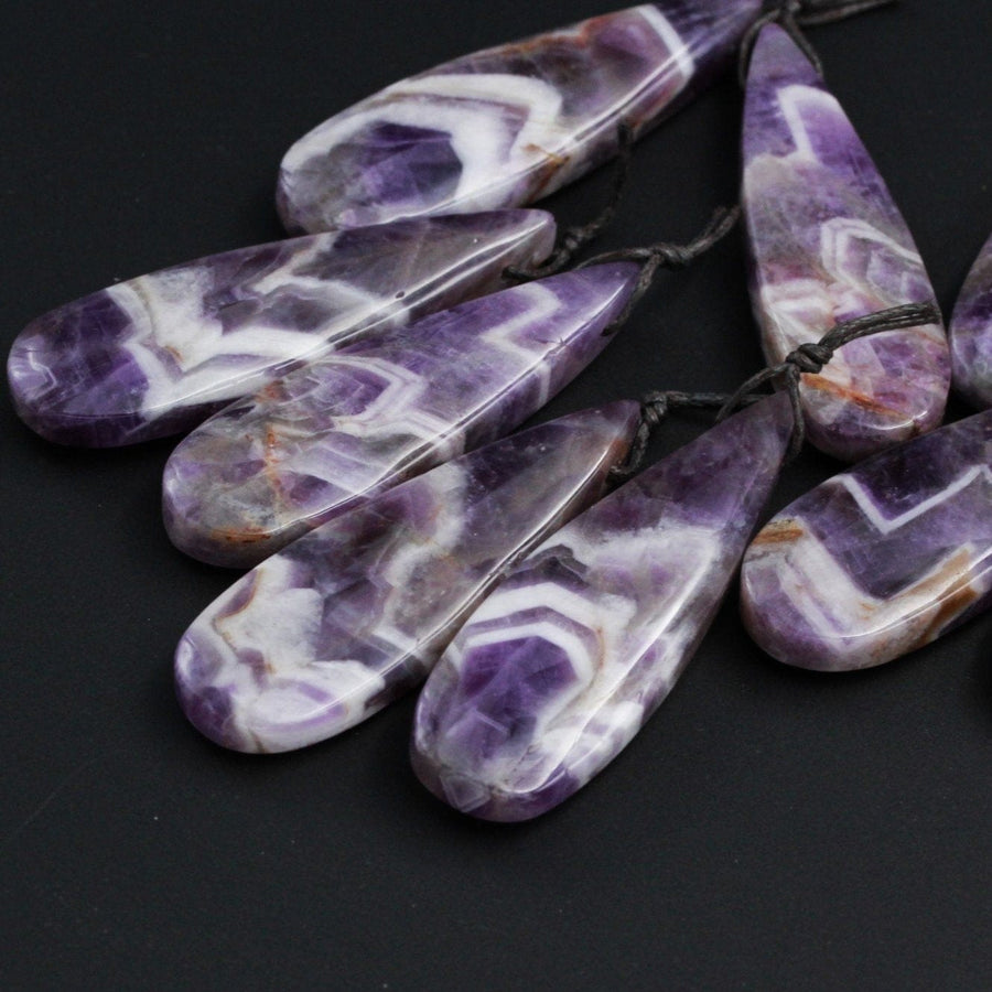 Natural Cheveron Amethyst Pendant Side Drilled Long Teardrop Pendant Striking White Purple Pattern Gemstone Focal Bead Pendant Stone