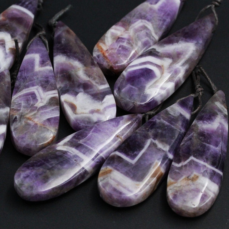 Natural Cheveron Amethyst Pendant Side Drilled Long Teardrop Pendant Striking White Purple Pattern Gemstone Focal Bead Pendant Stone