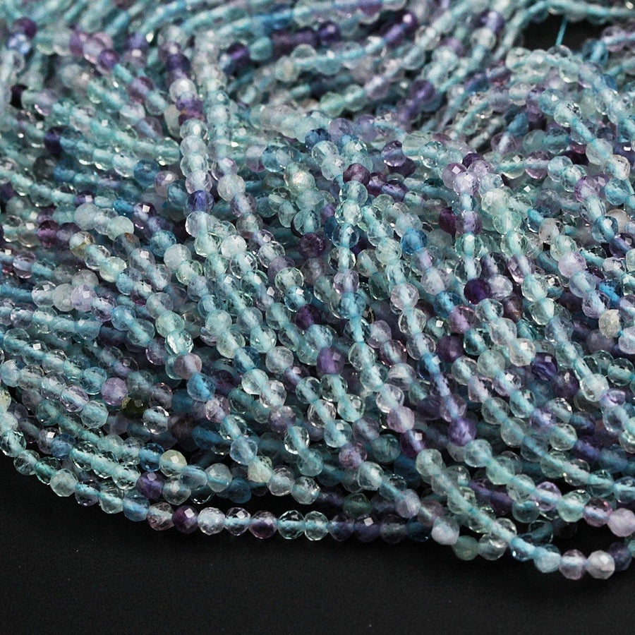 AAA Grade Super Gemmy Natural Rainbow Fluorite Faceted 3mm Round Beads Micro Faceted Teal Blue Purple Green Gemstone Beads 16" Strand