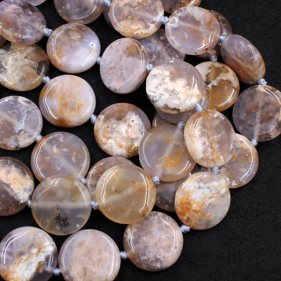 Natural Dendritic Chalcedony Beads Large Coin Circle Smooth Beads 25mm Translucent Golden Honey Yellow Chalcedony 16" Strand