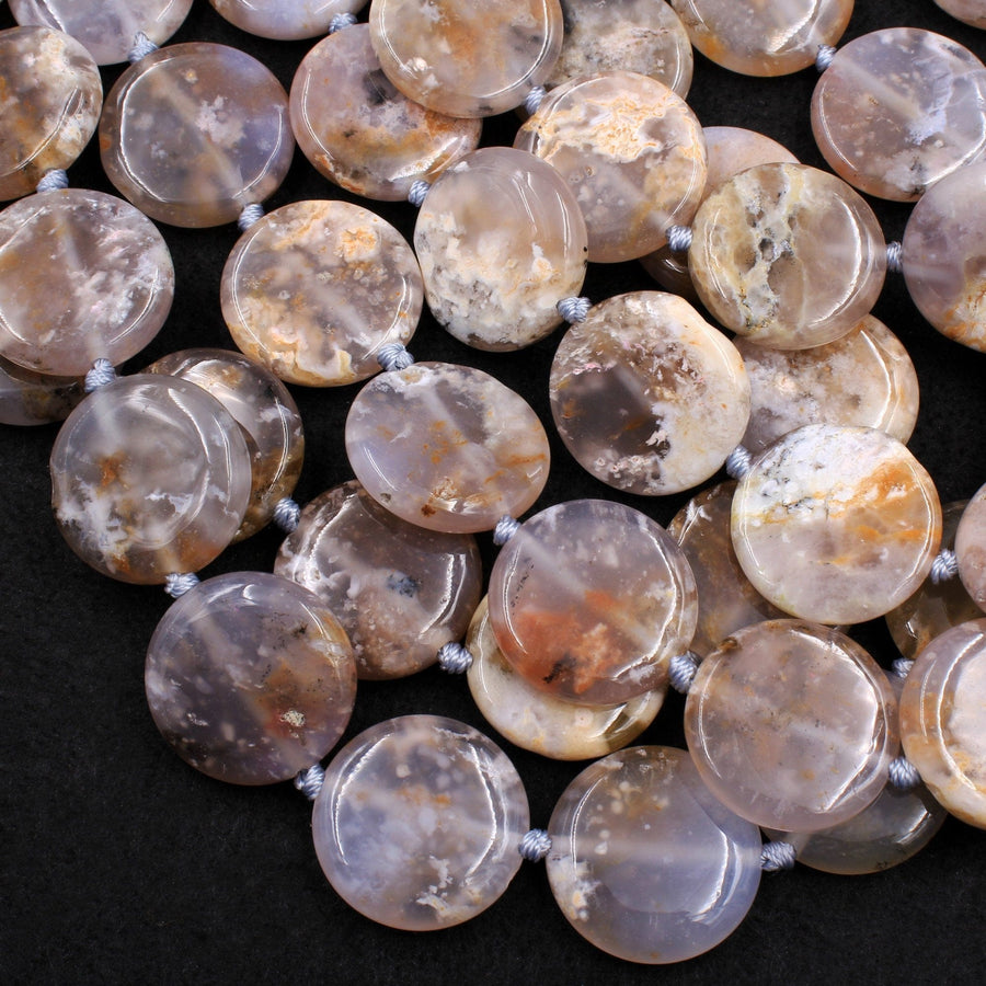 Natural Dendritic Chalcedony Beads Large Coin Circle Smooth Beads 25mm Translucent Golden Honey Yellow Chalcedony 16" Strand