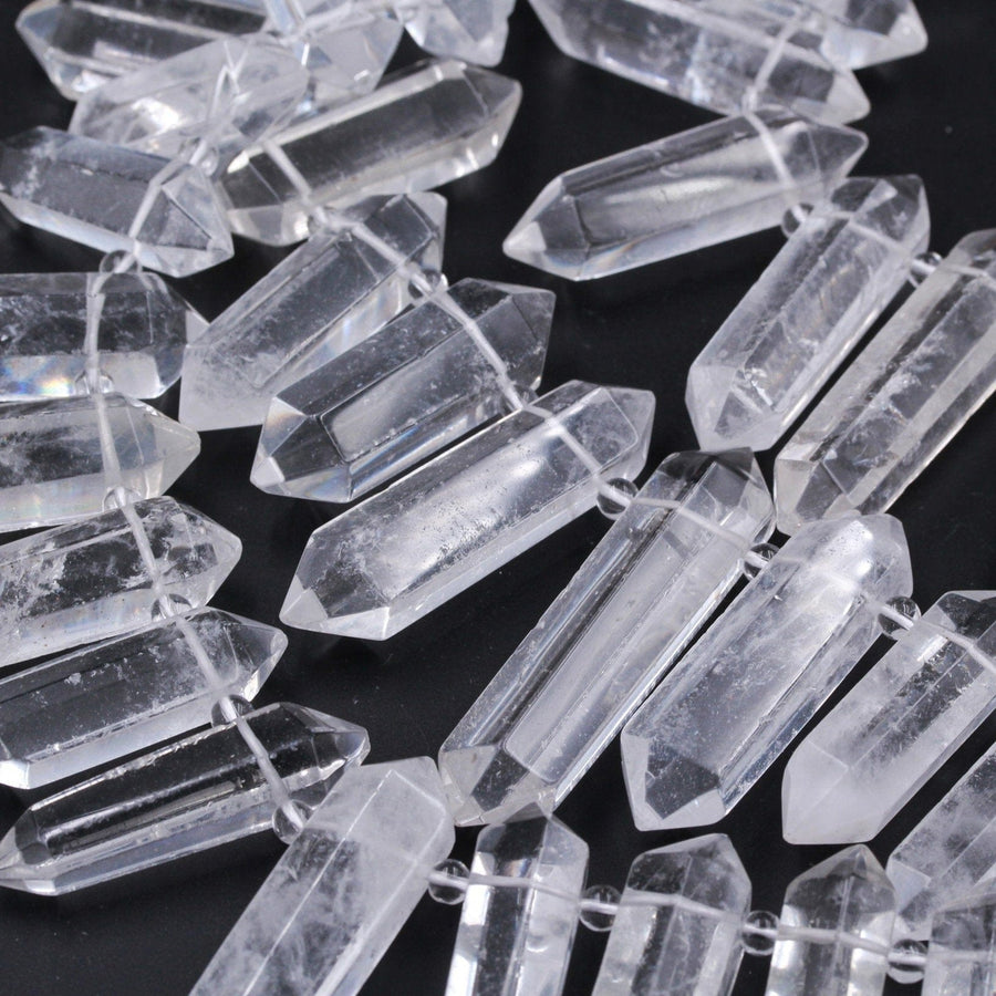 Rock Crystal Quartz Beads Faceted Double Terminated Pointed Large Top Side Drilled Healing Natural Quartz Focal Pendant Bead 16" Strand