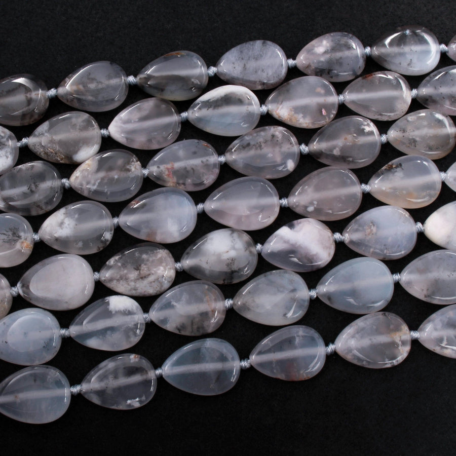 Icy! Natural Angel Chalcedony Teardrop Beads With Interesting Black Dendritic Pattern Gemmy Translucent Pale Gray Blue Gemstone 16" Strand