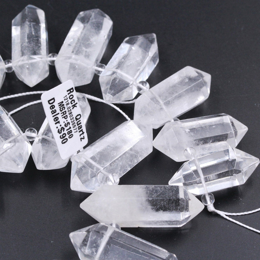 Rock Crystal Quartz Beads Faceted Double Terminated Pointed Large Top Side Drilled Healing Natural Quartz Focal Pendant Bead 16" Strand