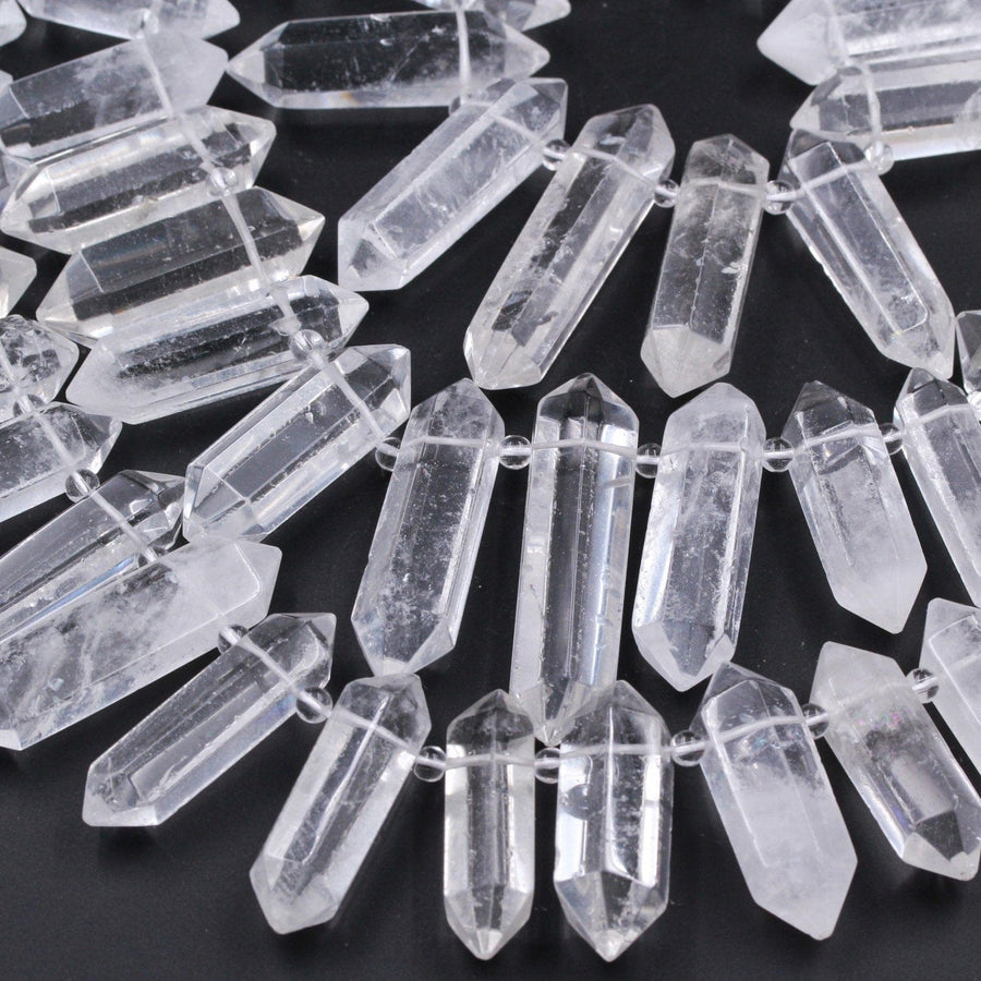 Rock Crystal Quartz Beads Faceted Double Terminated Pointed Large Top Side Drilled Healing Natural Quartz Focal Pendant Bead 16" Strand