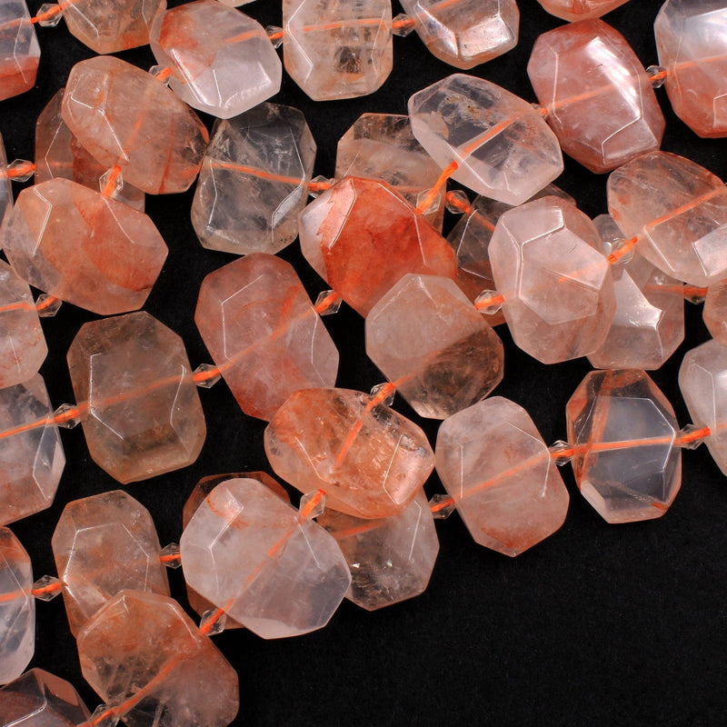 Natural Red Lepidocrocite Quartz Beads Large Faceted Faceted Rectangle Octagon Nugget Flat Slice Unusual Designer Cut 16" Strand