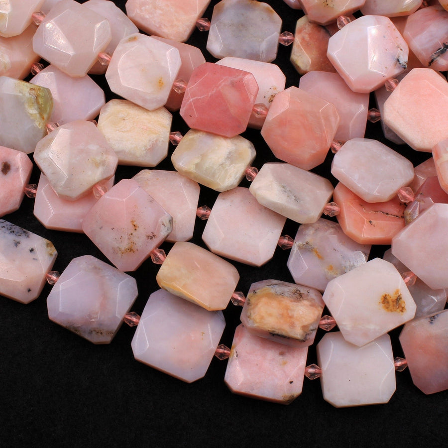 Natural Peruvian Pink Opal Beads Large Faceted Hexagon Octagon Square Cushion Slice High Quality Designer Quality Focal Bead Full 16" Strand