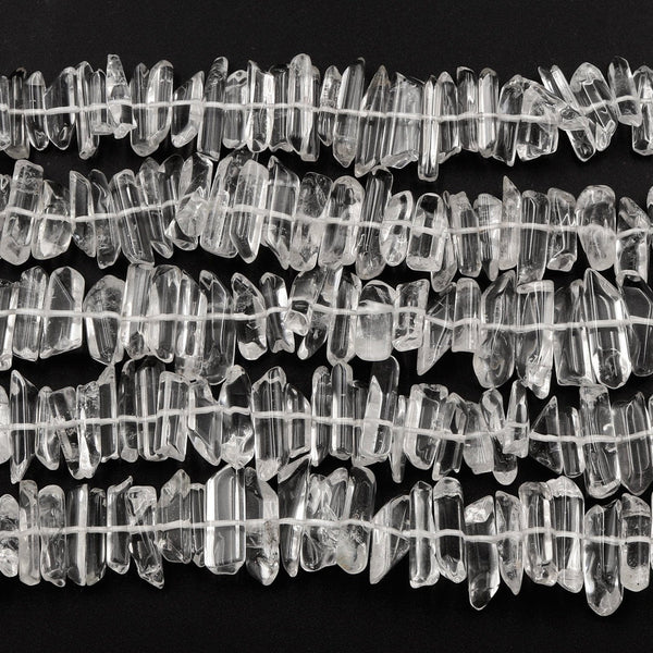 Center Drilled Natural Rock Crystal Quartz Beads Points Spikes Tips Stick Clear White Quartz Healing Quartz 16" Strand
