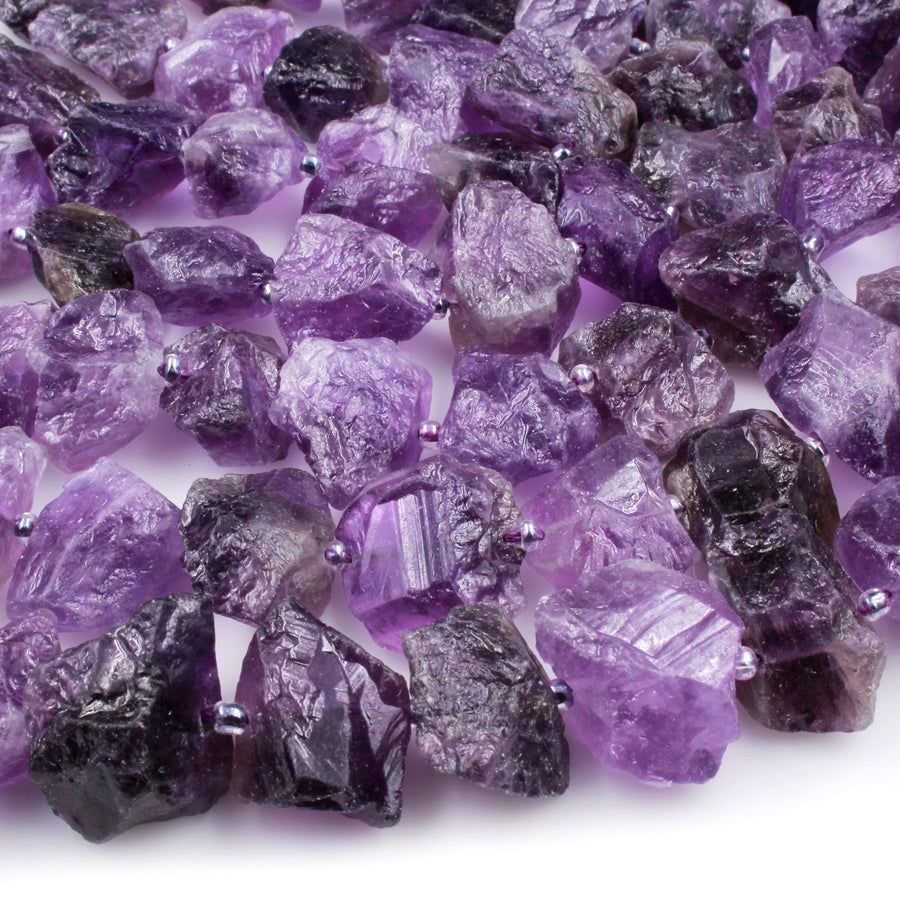 Raw Natural Amethyst Beads Freeform Rough Organic Hand Cut Hammered Chiseled Nugget Rich Purple Gemstone 16" Strand