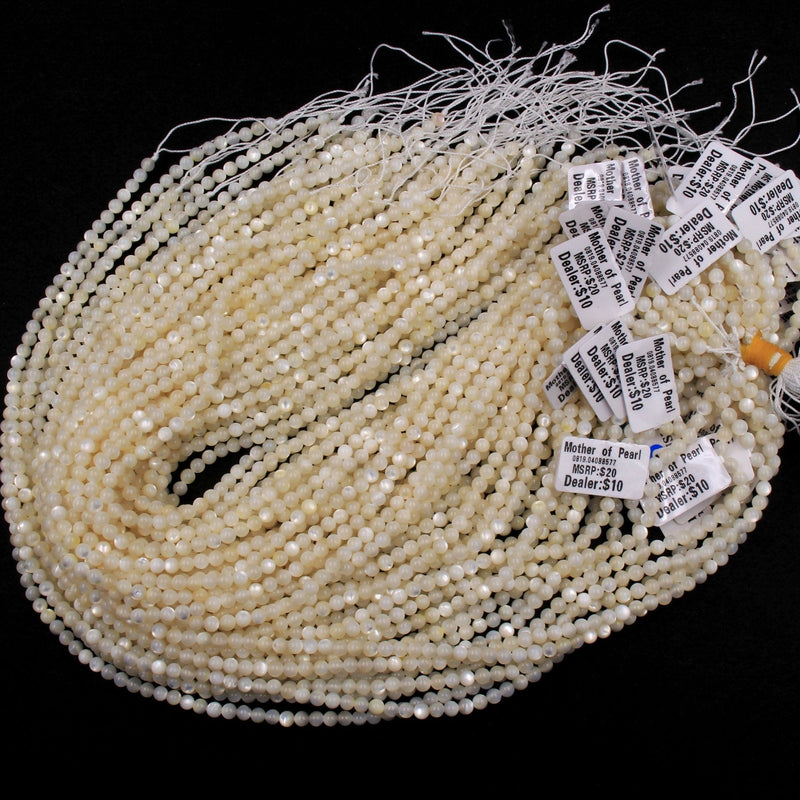 Natural Creamy White Mother of Pearl Shell Round Beads 4mm High Quality Iridescent Gemstone 16" Strand
