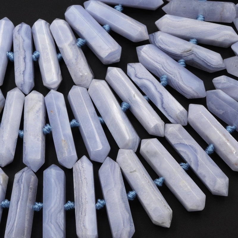Natural Blue Lace Agate Faceted Double Terminated Pointed Beads Side Center Drilled Large Healing Crystal Focal Hexagon Pendant 16" Strand