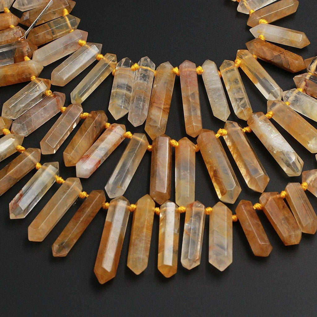Golden Quartz Faceted Double Terminated Pointed Beads Top Side Drilled Large Healing Natural Golden Crystal Focal Pendant Bead 16" Strand