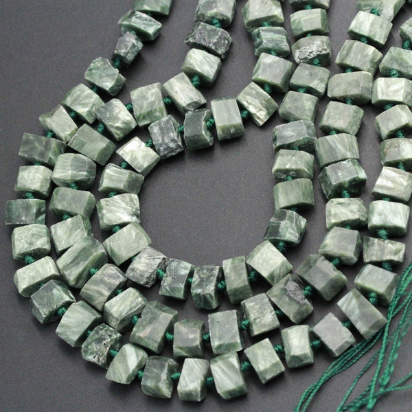 Natural Seraphinite Beads Faceted Rectangle Dice Tube Nuggets Center Drilled Natural Russian Green Seraphinite Gemstone 16" Strand