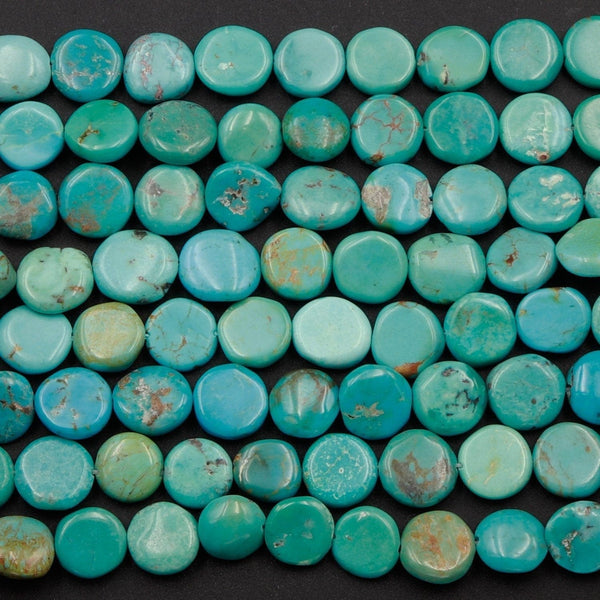 Natural American Turquoise Beads Thin Flat Coin 9mm 10mm Real Genuine Stunning Soft Blue Green Gemstone 16" Strand