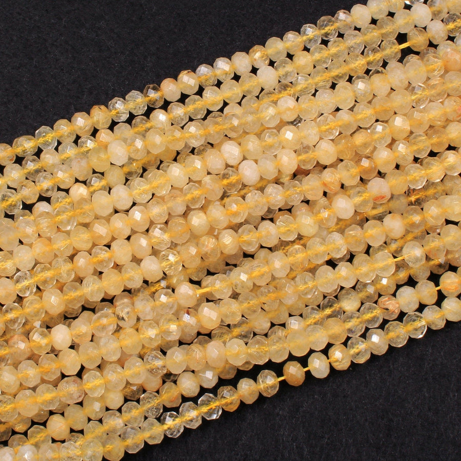 Natural Golden Rutile Quartz  6mm 8mm Faceted Rondelle Beads High Quality Golden Rutilated Quartz Gemstone 16" Strand