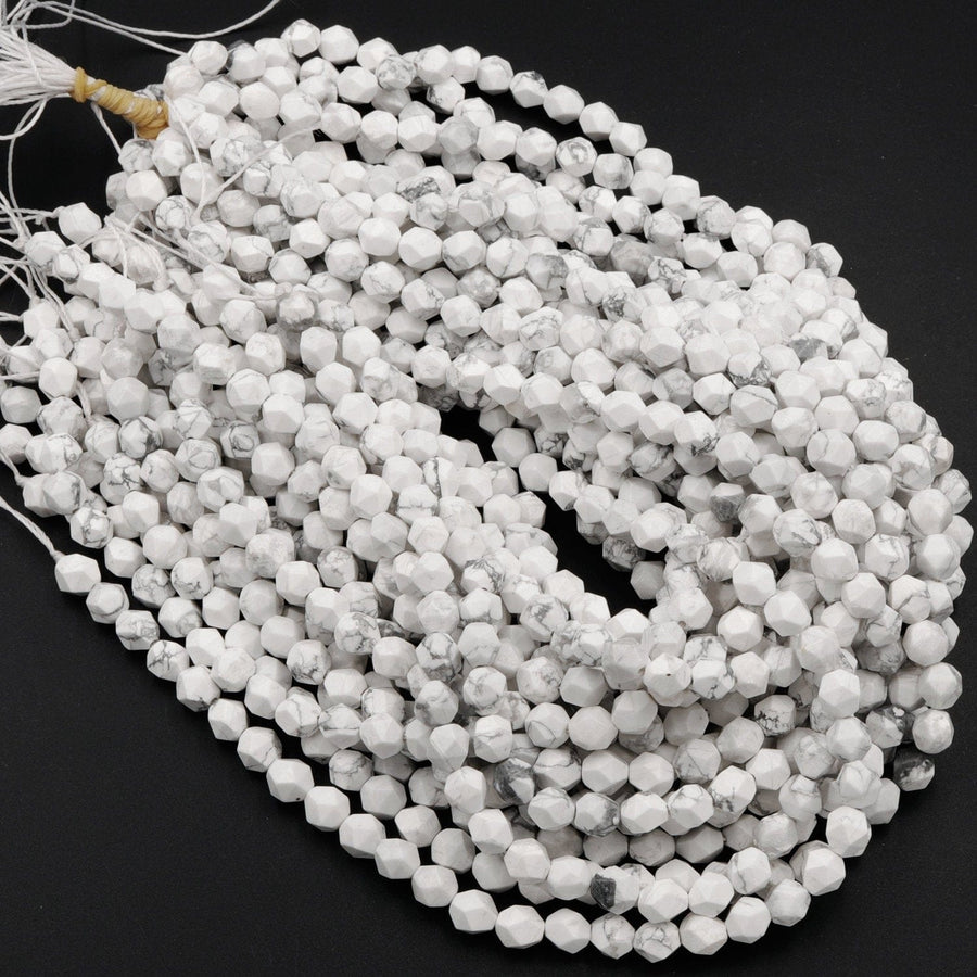 Star Cut Natural White Howlite Beads Faceted 6mm 8mm 10mm Rounded Nugget Sharp Facets 15" Strand