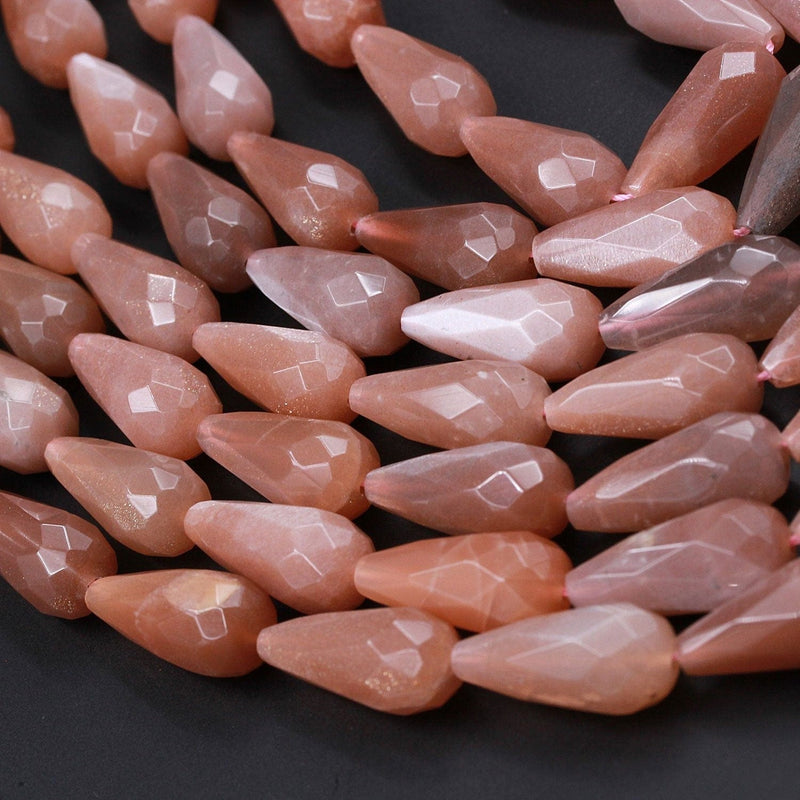 Gorgeous Faceted Natural Peach Moonstone Beads Long Faceted Teardrop Shimmering Chatoyant Moonstone Focal Bead High Quality 16" Strand