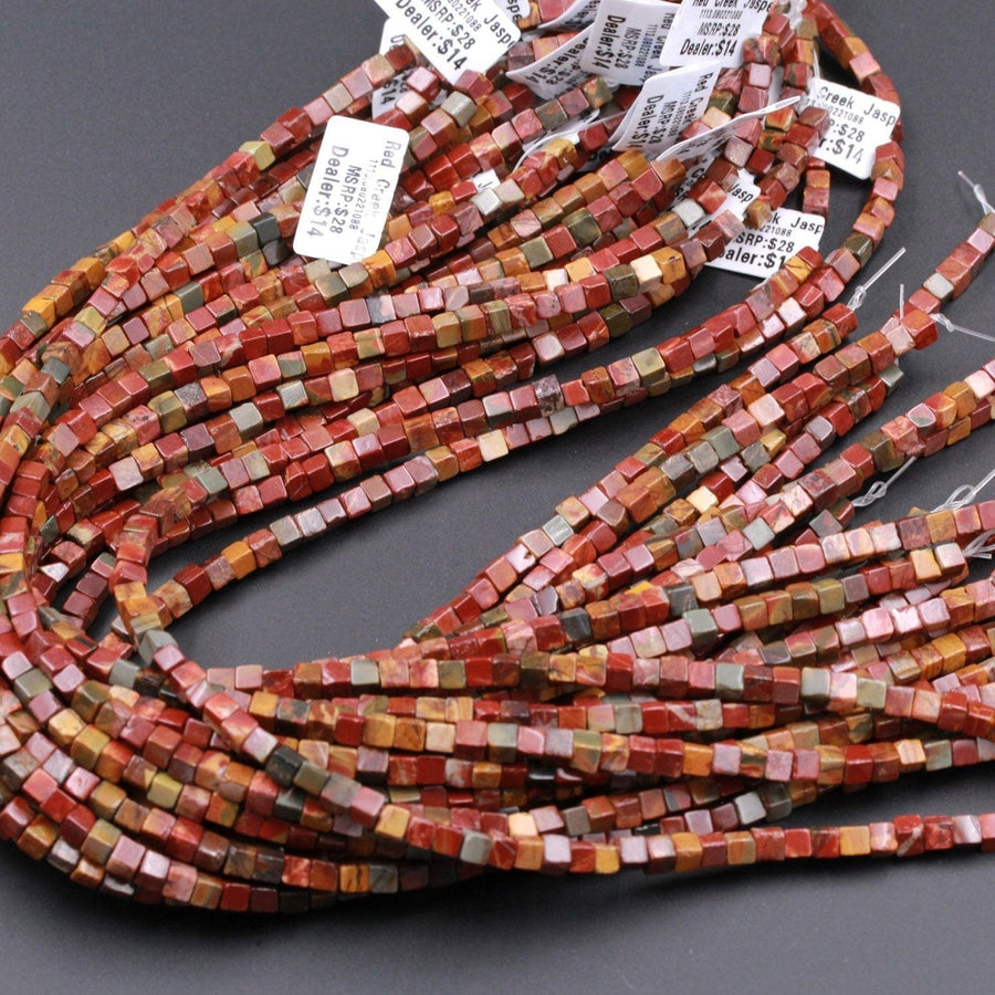 Red Creek Jasper Bead 4mm Square Dice Beads Earthy Red Green Yellow Brown Natural Cherry Creek Multicolor Picasso Jasper Earring 16" Strand