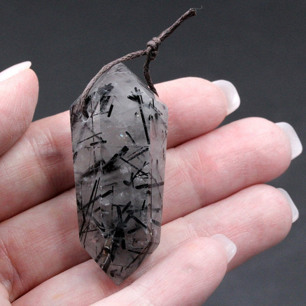 Natural Black Tourmaline Rutilated Quartz Pendant Hand Cut Double Terminated Pendant Side Drilled Designer Tower Point Pendant Bead