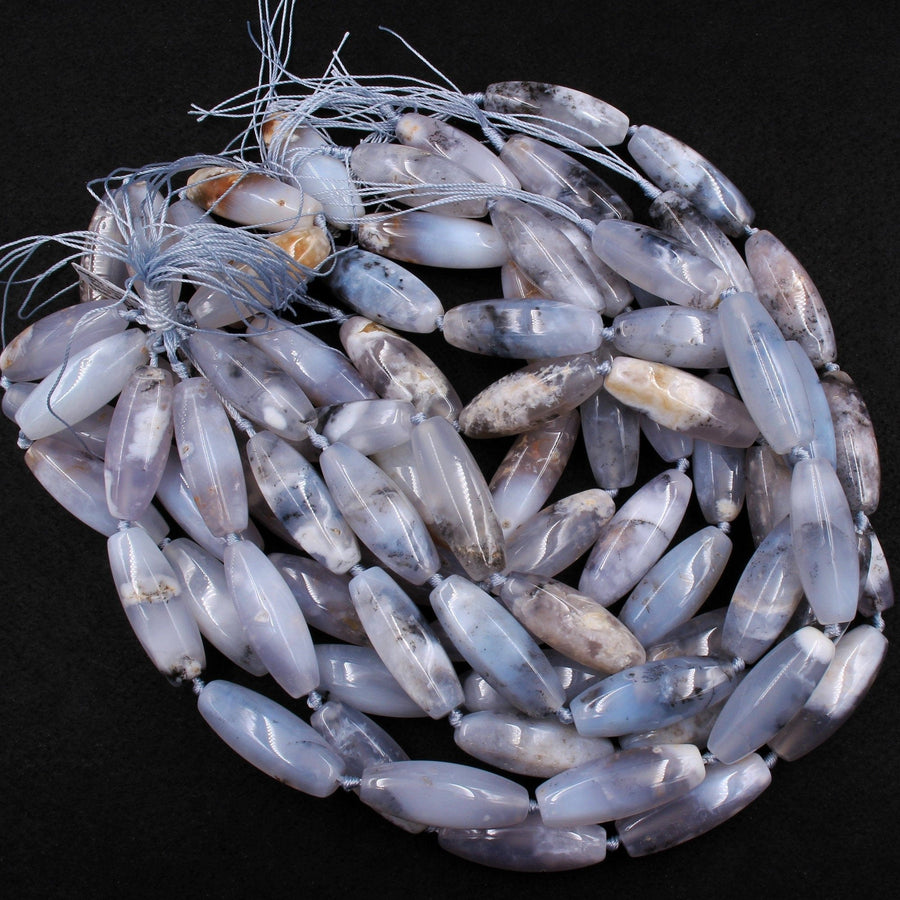 Icy! Natural Blue Angel Chalcedony Beads Dendritic Pattern Long Drum Tube Cylinder Smoothly Faceted Beads Gemmy Clear Gemstone 16" Strand