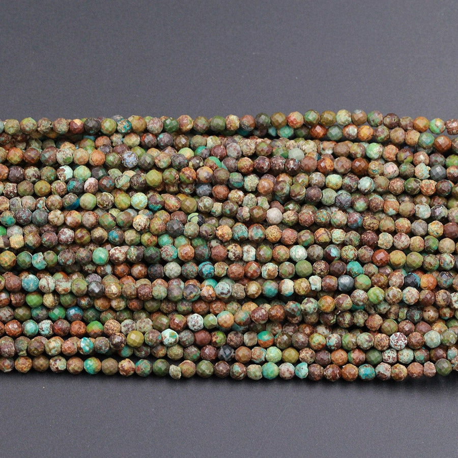 Natural Turquoise 4mm Faceted Round Beads Real Genuine Natural Brown Green Turquoise Micro Faceted Laser Diamond Cut 16" Strand