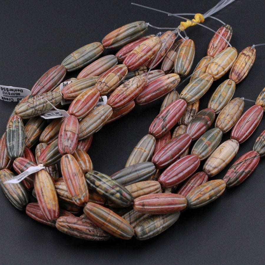 Carved Red Creek Jasper Beads Melon Long Drum Tube Earthy Red Green Yellow Brown Natural Cherry Creek Multi-color Picasso Jasper 16" Strand