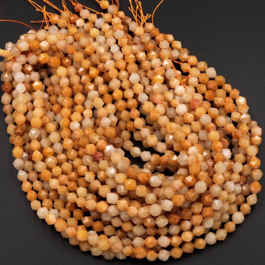 Star Cut Natural Yellow Jade Beads Faceted 8mm Rounded Nugget Sharp Facets 15" Strand