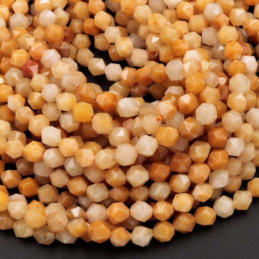 Star Cut Natural Yellow Jade Beads Faceted 8mm Rounded Nugget Sharp Facets 15" Strand
