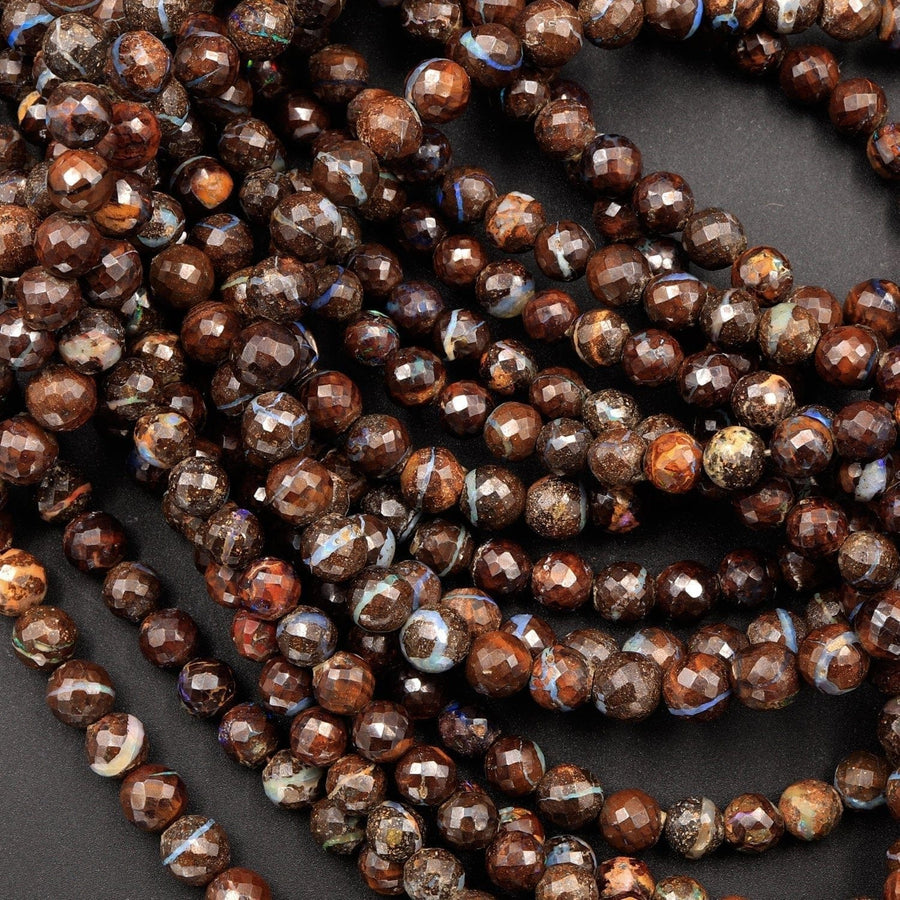 Natural Australian Boulder Opal Beads Faceted 5mm 6mm Beautiful Opal Veins 19" Sterling Silver Clasp Necklace Strand