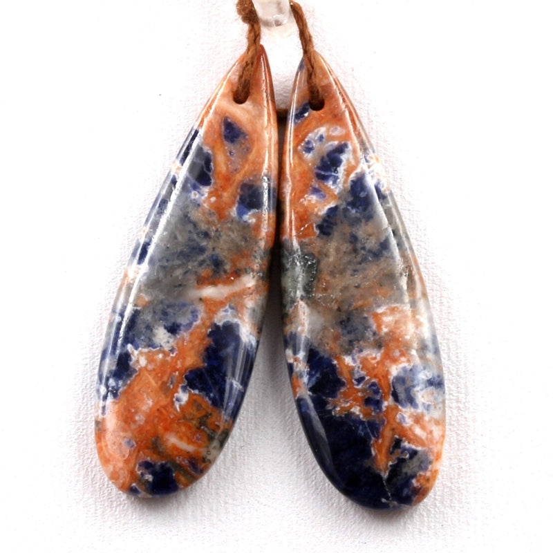 Natural Orange Sodalite Earring Pair Teardrop Cabochon Cab Drilled Matched Earrings Bead Pair Vibrant Orange Blue Stone