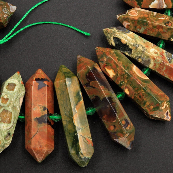 AAA Natural Rainforest Rhyolite Jasper Faceted Double Terminated Pointed Tips Center Drilled Large Healing Focal Pendant Bead 16" Strand