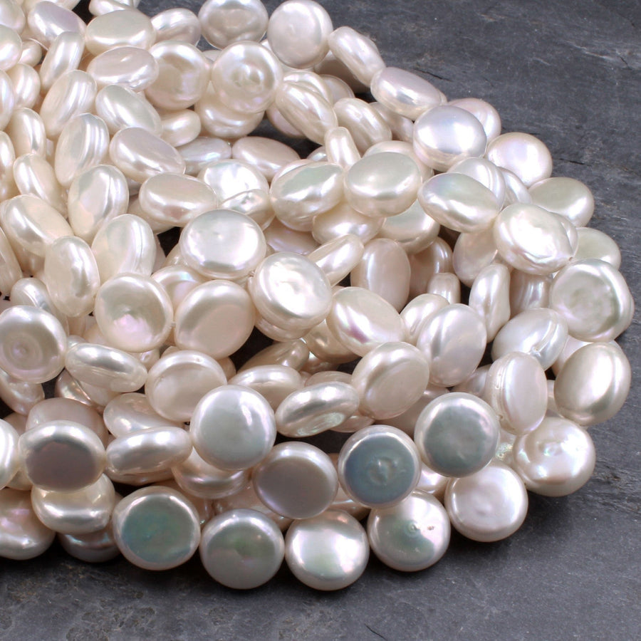 AAA White Coin Pearl Thick Brilliant Nacre Real Genuine Natural Freshwater Pearl Full 16" Strand