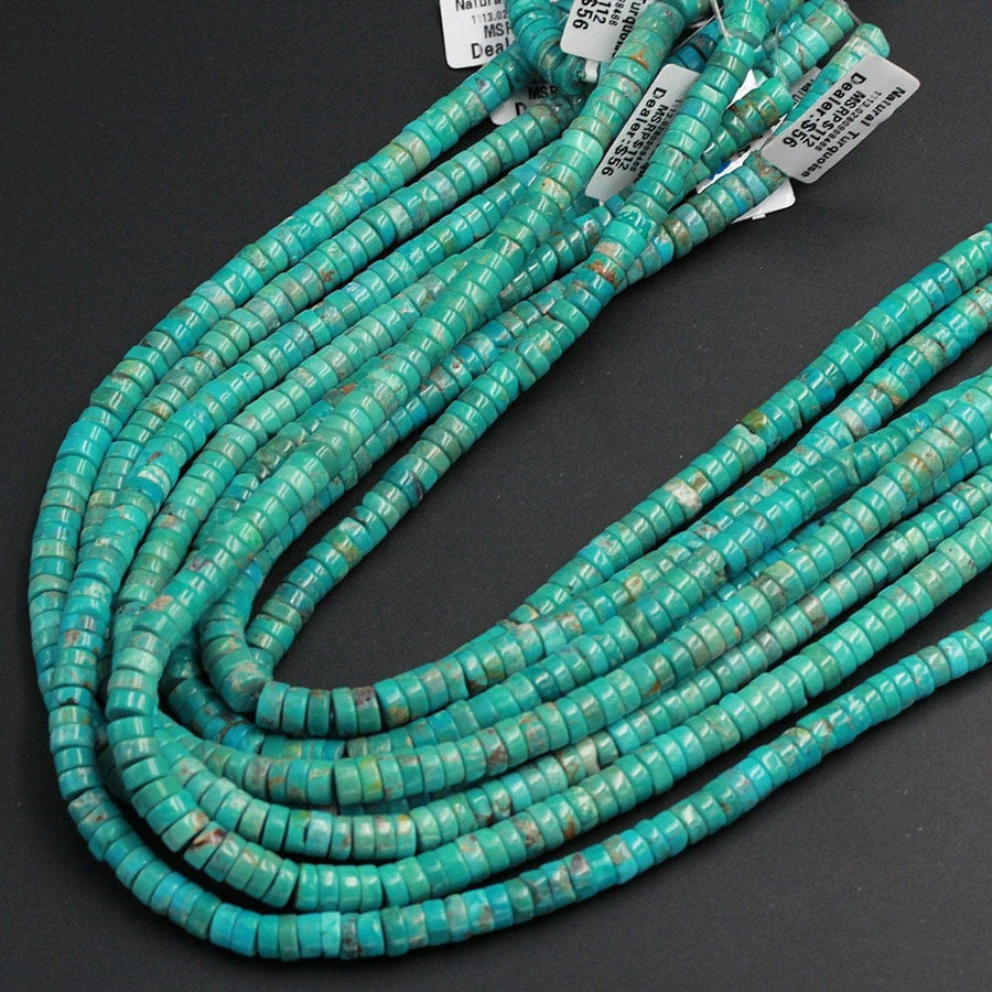 Genuine 100% Natural Turquoise Heishi Beads 6mm 7mm Rondelle Genuine Bright Blue Green Turquoise Beads Center Drilled Full 16" Strand