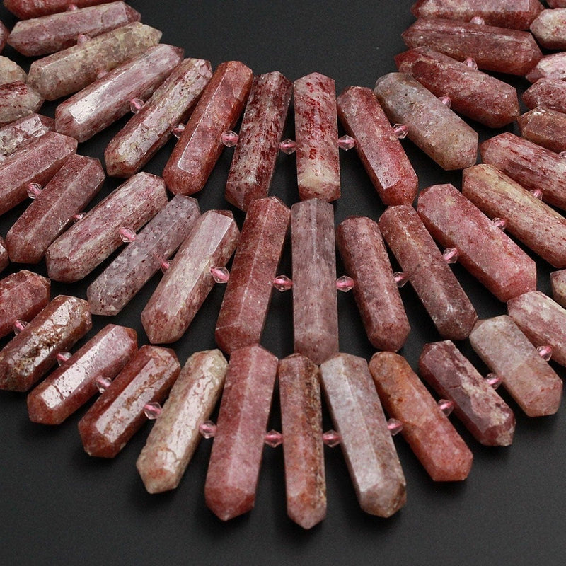 Matte Finish Natural Strawberry Lepidocrocite Quartz Faceted Double Terminated Point Large Focal Pendant Bead Long Pink Red Point 16" Strand