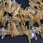 Natural Brazilian Golden Yellow Quartz Beads Top Side Drilled Crystal Quartz Point Tip Long Spike Stick Freeform Nuggets Beads 16" Strand