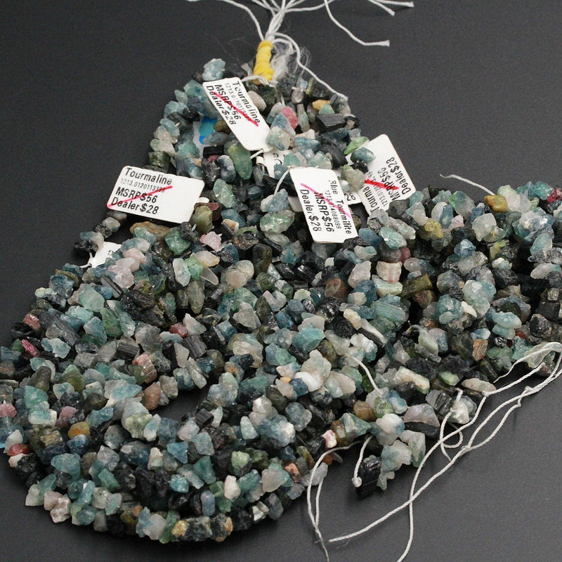 Rough Raw Multicolor Green Blue Tourmline Beads 8mm Freeform Center Drilled Chip Nuggets Organic Cut  Real Genuine Tourmaline 16" Strand