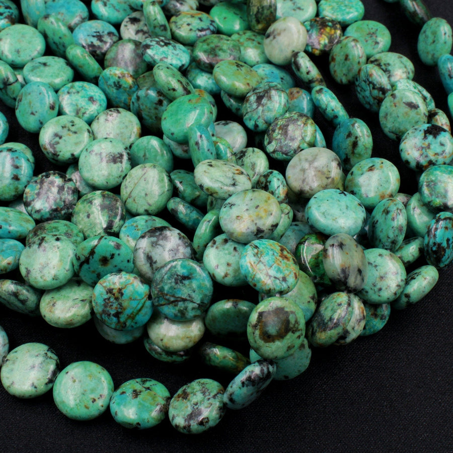 Natural African Turquoise 12mm Coin Beads Vibrant Blue Green Turquoise Untreated Gemstone 16" Strand