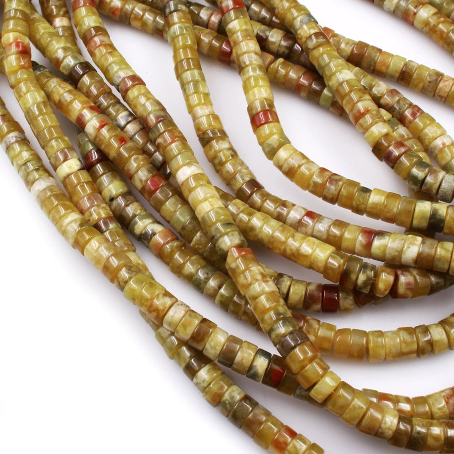 Rare Natural Russian Blood Serpentine Jade 4x2mm 6x3mm Heishi Rondelle Beads Red Mustard Green Jade From Russia 16" Strand