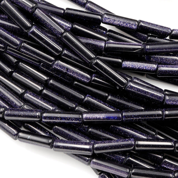 Sparkling Blue Goldstone Tube Beads 13x4mm 16x8mm 20x10mm Long Cylinder Beads 16" Strand