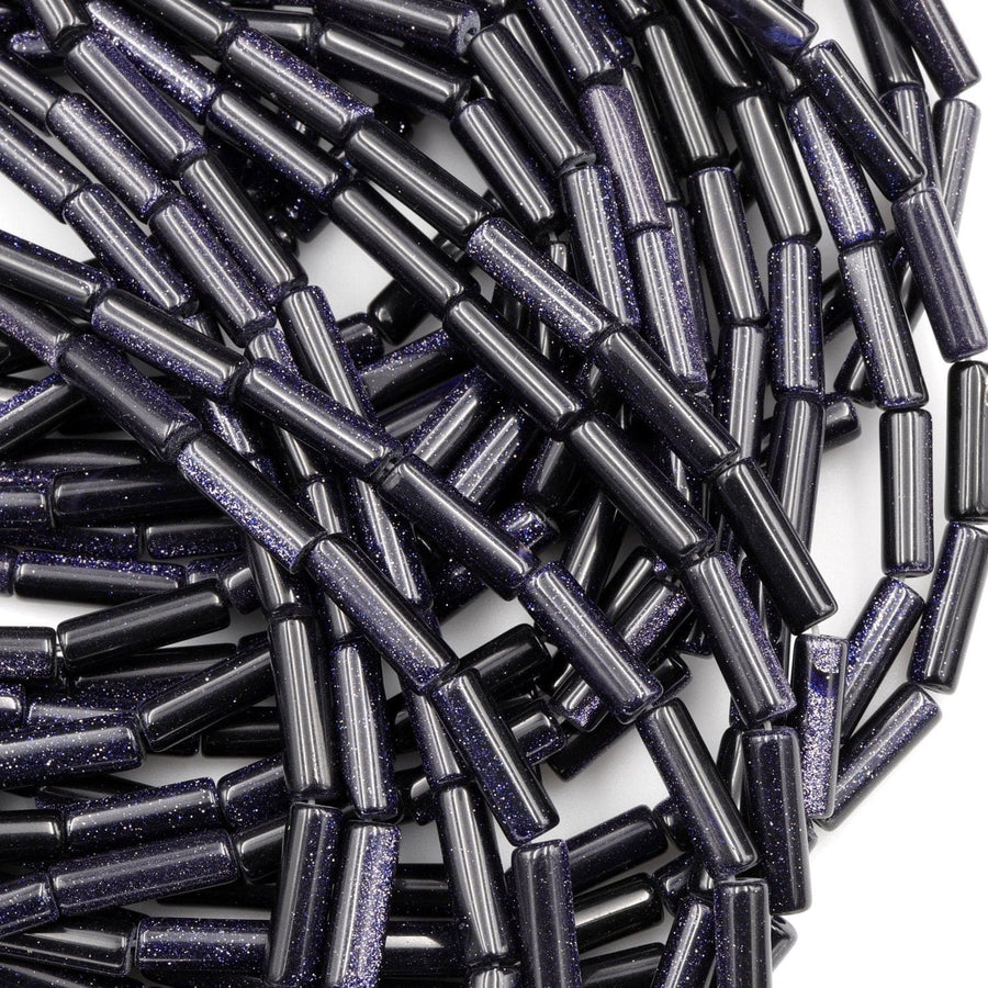 Sparkling Blue Goldstone Tube Beads 13x4mm 16x8mm 20x10mm Long Cylinder Beads 16" Strand