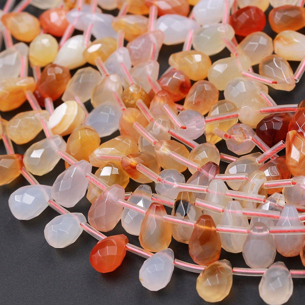 Natural Carnelian Teardrop Beads Small Faceted 12mm x 8mm Natural Red Orange Creamy White Pear Briolettes Gemstone 16" Strand