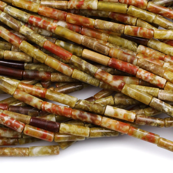 Rare Natural Russian Blood Serpentine Jade 4x14mm Thin Long Tube Beads Red Mustard Green Jade From Russia 16" Strand