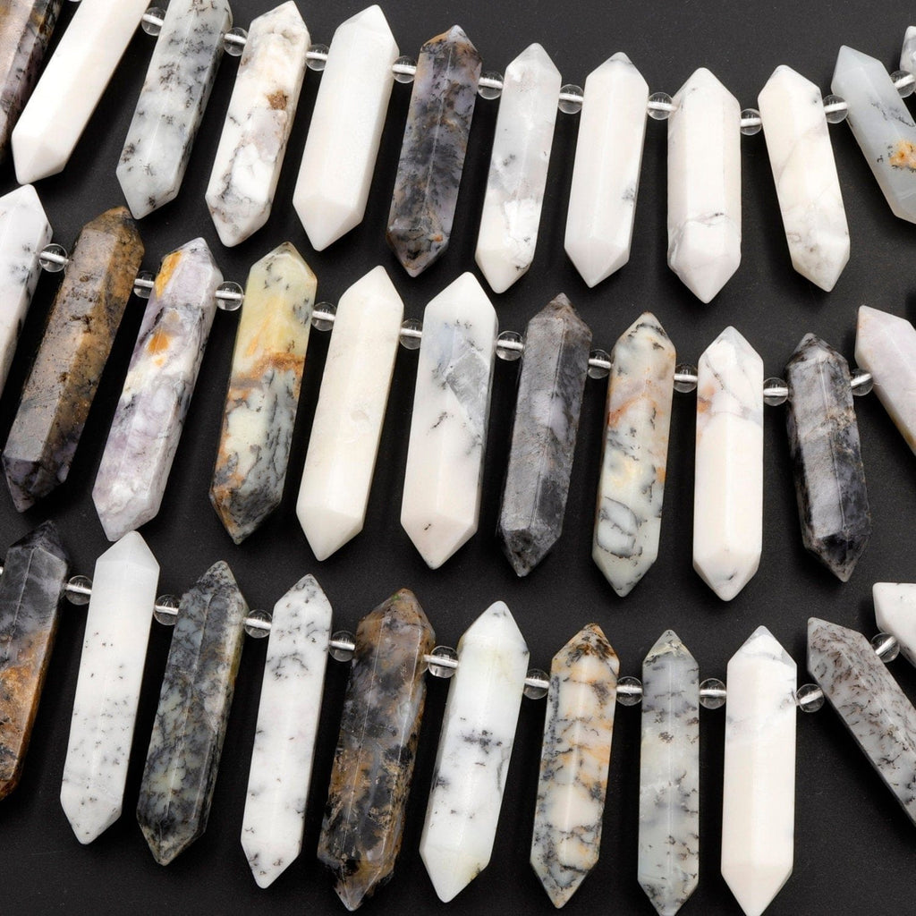 Natural African Dendritic Moss Opal Beads Faceted Double Terminated Pointed Large Long Pendant Top Side Drilled Bead Bullet 16" Strand