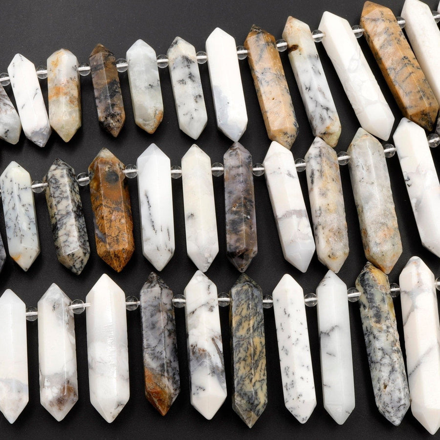 Natural African Dendritic Moss Opal Beads Faceted Double Terminated Pointed Large Long Pendant Top Side Drilled Bead Bullet 16" Strand