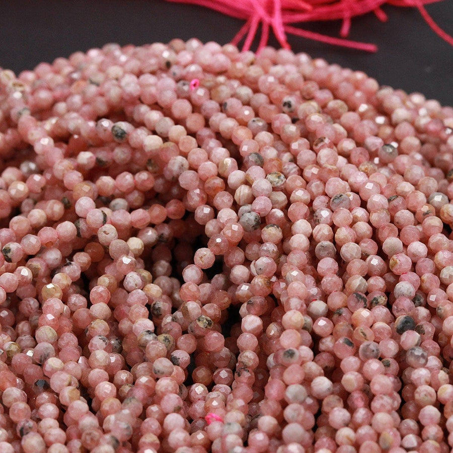 Natural Pink Rhodochrosite 2mm 3mm 4mm Faceted Round Beads Micro Faceted Laser Diamond Cut Sharp Facets Genuine Red Pink Gemstone 16" Strand