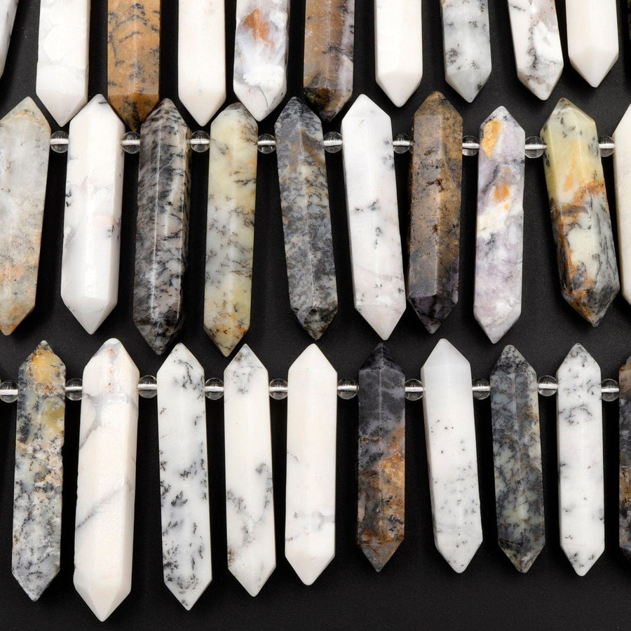 Natural African Dendritic Moss Opal Beads Faceted Double Terminated Pointed Large Long Pendant Top Side Drilled Bead Bullet 16" Strand