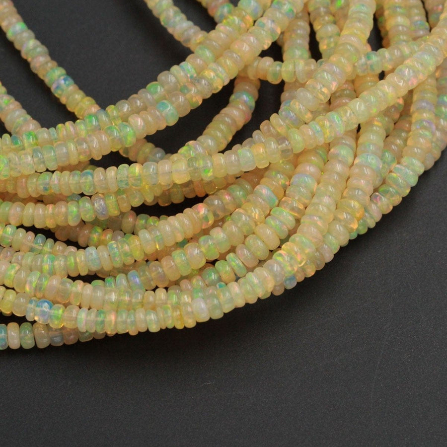 16 Inches Ethiopian Opal Beads Bright Yellow Rondelle 3mm 4mm AAA Super Flashy Fiery Rainbow Yellow Opal Smooth Rondelle Beads 16" Strand